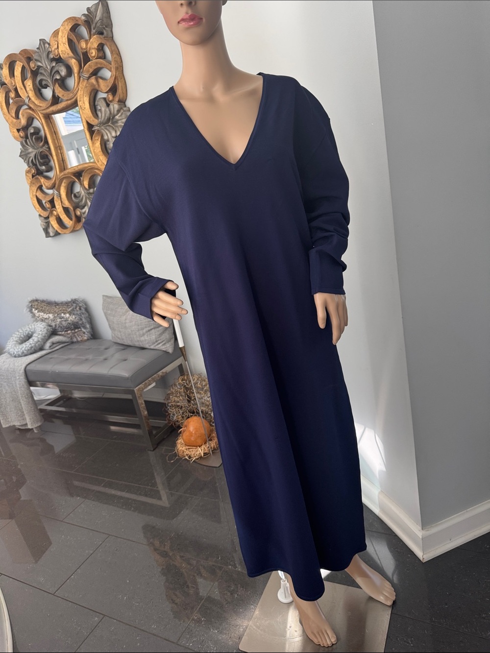 Zara Navy V-Neck Maxi Dress